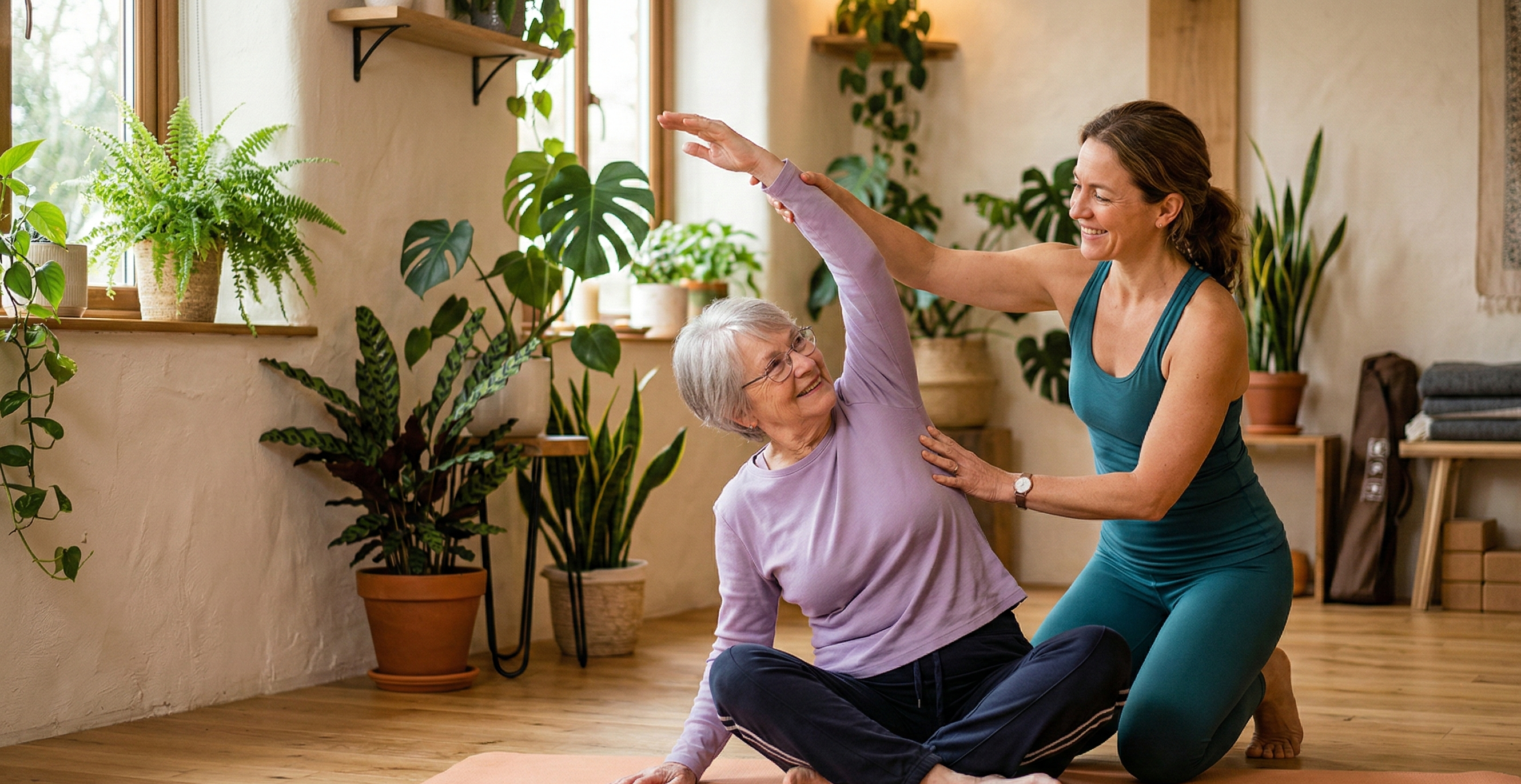 Senior pár cvičí jógu vonku